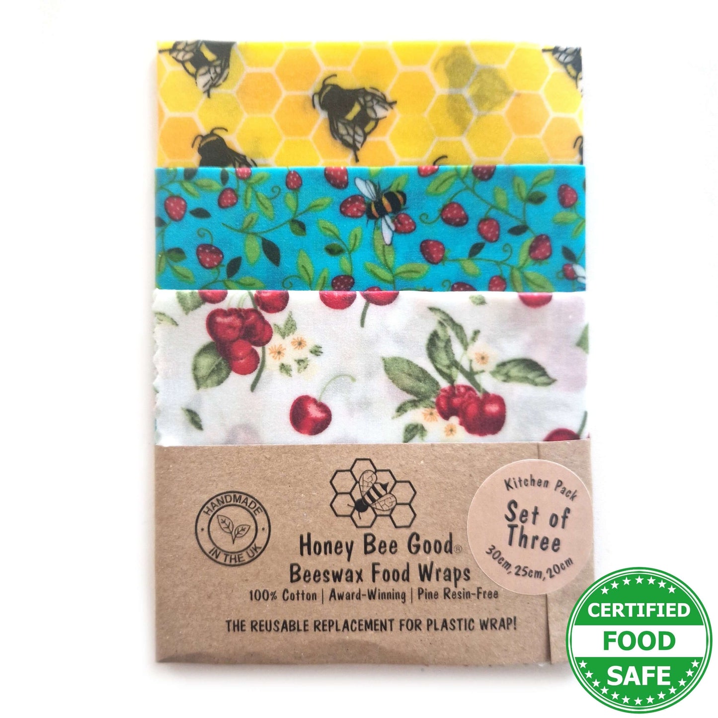 Méhviaszkos Élelmiszer Csomagoló Szett 3db — Bees & Cherries minta