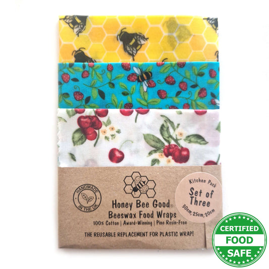Méhviaszos Élelmiszer Csomagoló Szett 3db — Bees & Cherries minta